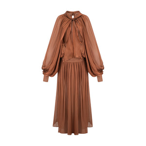 Aurohaya Mila Brown Pleated Satin Maxi Dress
