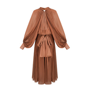 Aurohaya Mila Brown Pleated Satin Maxi Dress