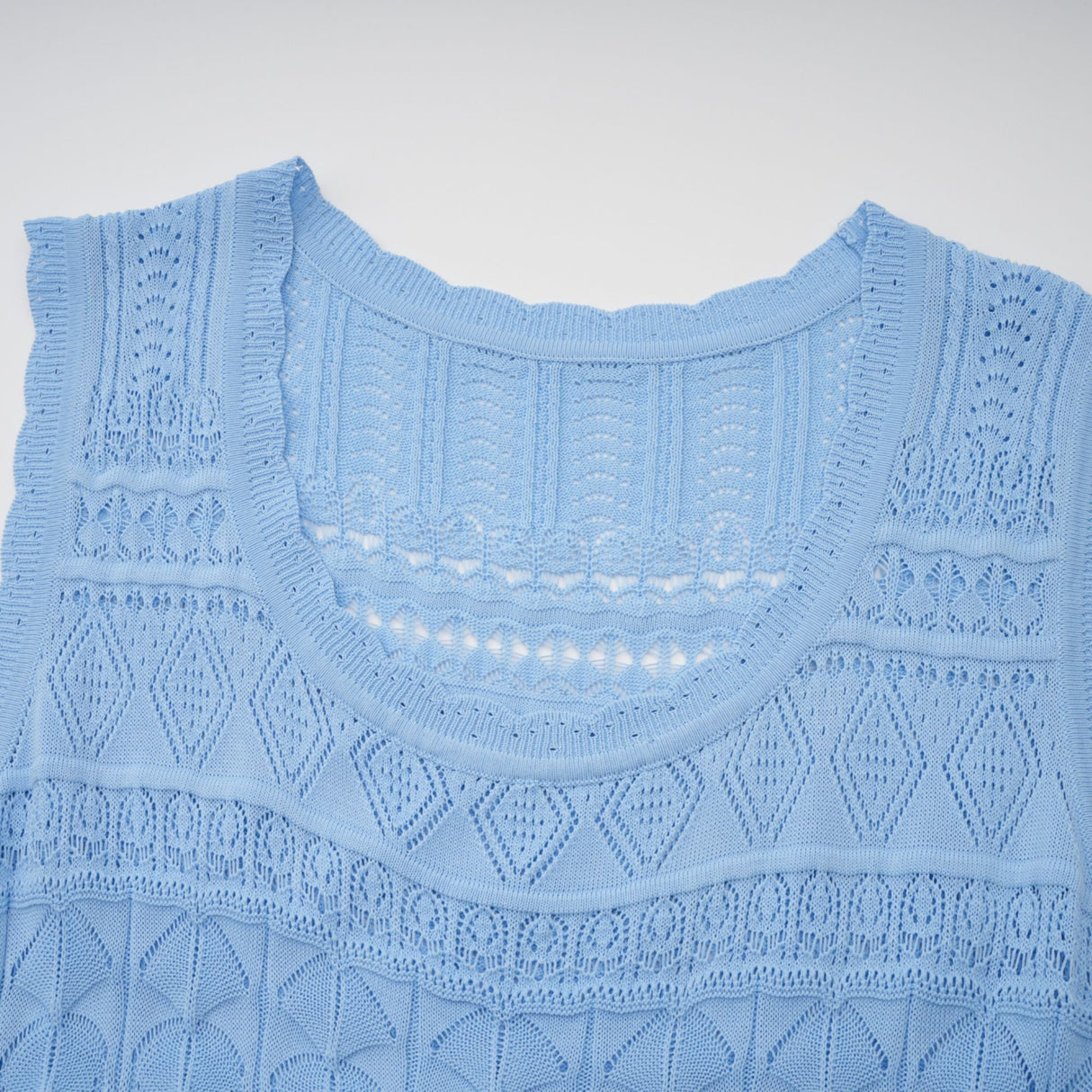 Aurohaya Mailys blue ruffled-trim crochet-knit midi dress