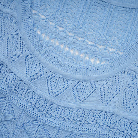 Aurohaya Mailys blue ruffled-trim crochet-knit midi dress