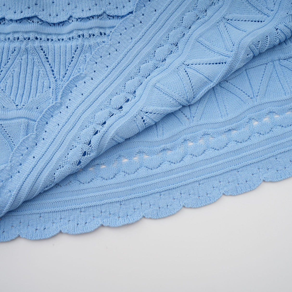 Aurohaya Mailys blue ruffled-trim crochet-knit midi dress