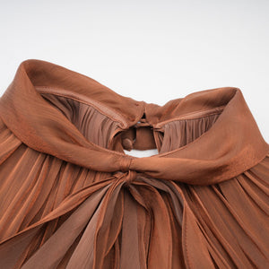 Aurohaya Mila Brown Pleated Satin Maxi Dress