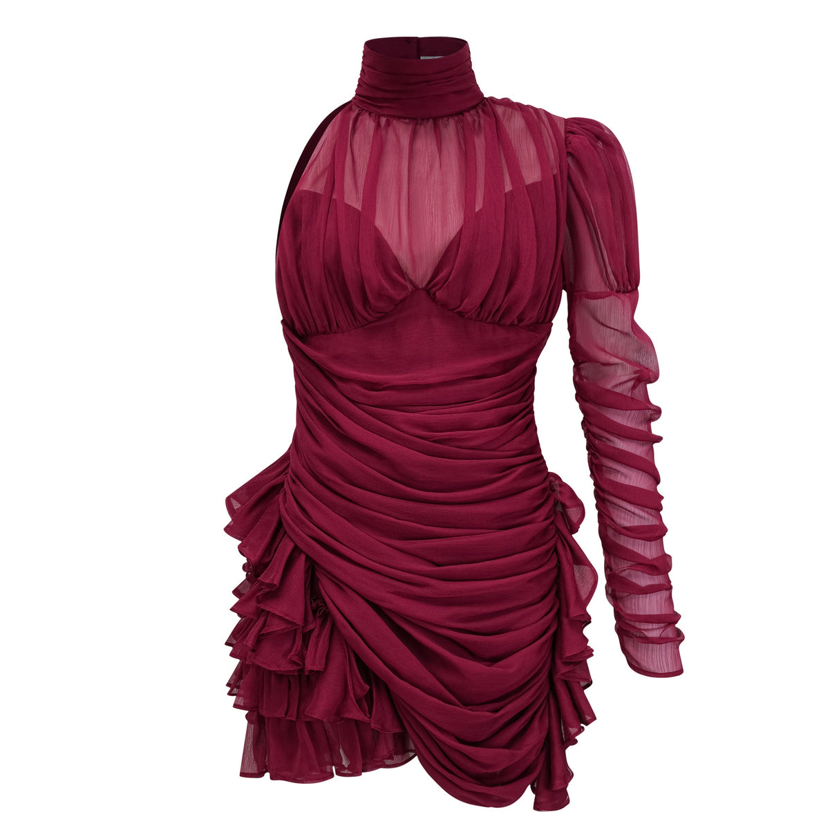 Aurohaya Éléna Burgundy Asymmetrical Ruffled Tulle Mini Dress