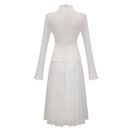 Aurohaya Lark White Tulle Panel Knit Midi Dress