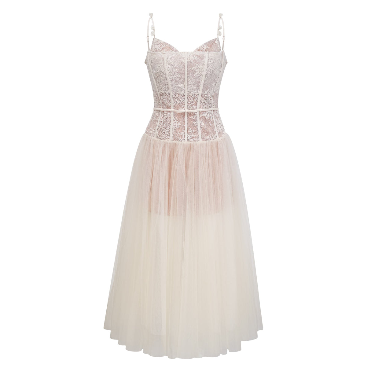 Aurohaya Mira Neutrals Lace Panel Tulle Midi Dress