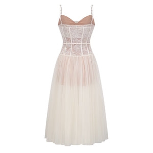 Aurohaya Mira Neutrals Lace Panel Tulle Midi Dress