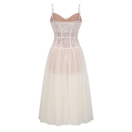 Aurohaya Mira Neutrals Lace Panel Tulle Midi Dress
