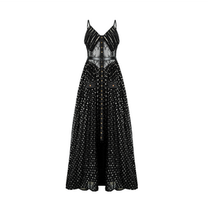 Aurohaya Aloïse Black Polka Dot Pleated Midi Dress