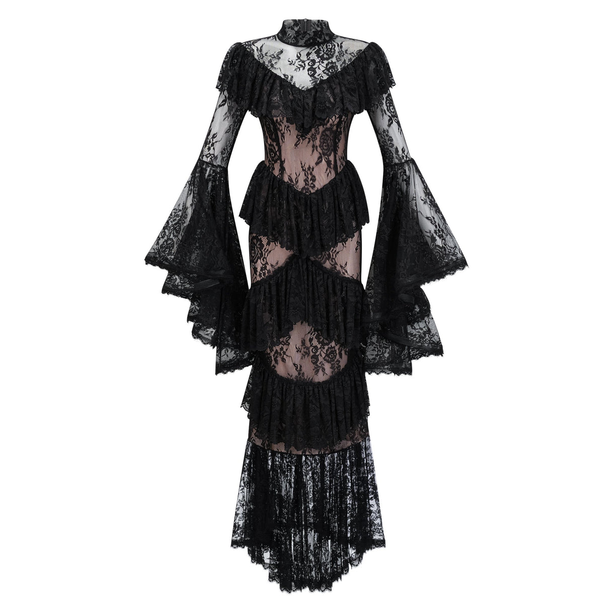 Aurohaya Roxane black floral-lace ruffled maxi dress