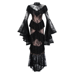 Aurohaya Roxane black floral-lace ruffled maxi dress