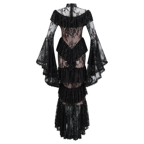 Aurohaya Roxane black floral-lace ruffled maxi dress