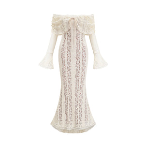 Aurohaya Émeline floral lace train-design maxi dress in Neutrals