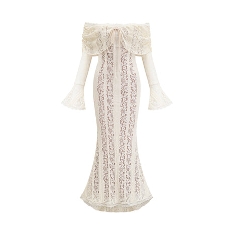 Aurohaya Émeline floral lace train-design maxi dress in Neutrals