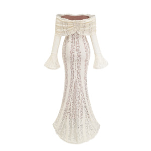 Aurohaya Émeline floral lace train-design maxi dress in Neutrals