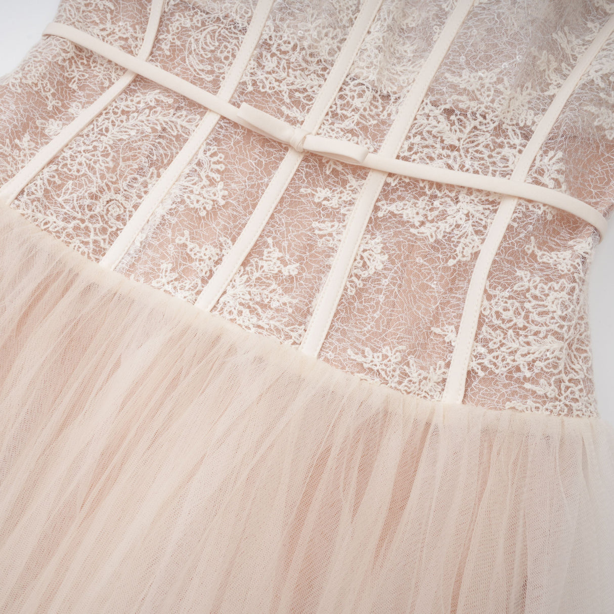 Aurohaya Mira Neutrals Lace Panel Tulle Midi Dress
