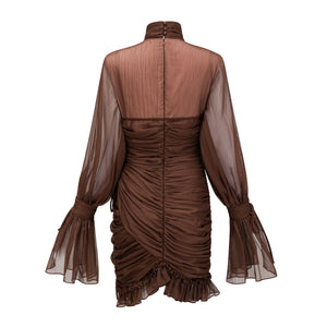 Aurohaya Jade Brown Ruched Tulle Mini Dress