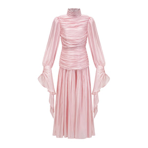 Aurohaya Sarolta Pink Glossy Ruched Maxi Dress