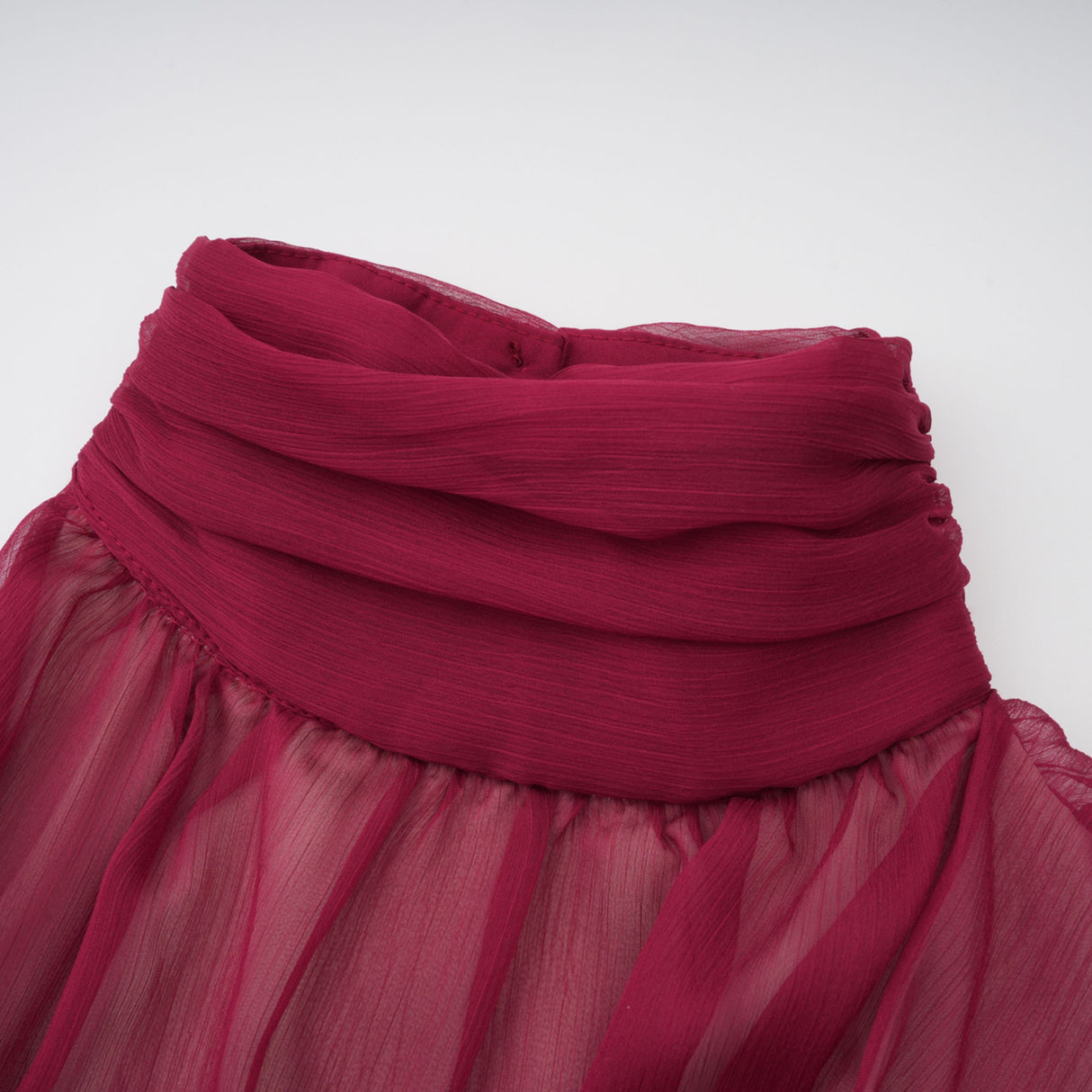 Aurohaya Éléna Burgundy Asymmetrical Ruffled Tulle Mini Dress
