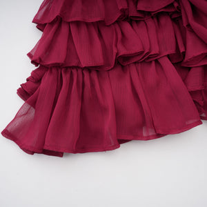Aurohaya Éléna Burgundy Asymmetrical Ruffled Tulle Mini Dress