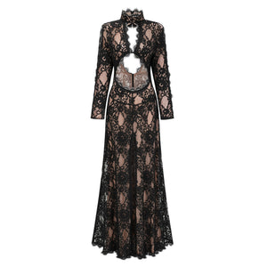 Aurohaya Kenza Black Cut Out Floral Lace Maxi Dress