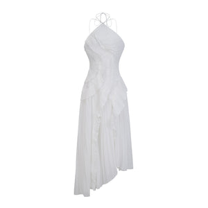 Aurohaya Doux White Ruffled Trim Pleated Midi Dress