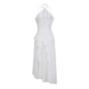 Aurohaya Doux White Ruffled Trim Pleated Midi Dress