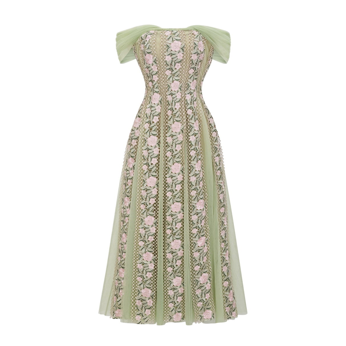 Aurohaya Eleni Green Tulle Panel Floral Midi Dress
