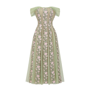 Aurohaya Eleni Green Tulle Panel Floral Midi Dress