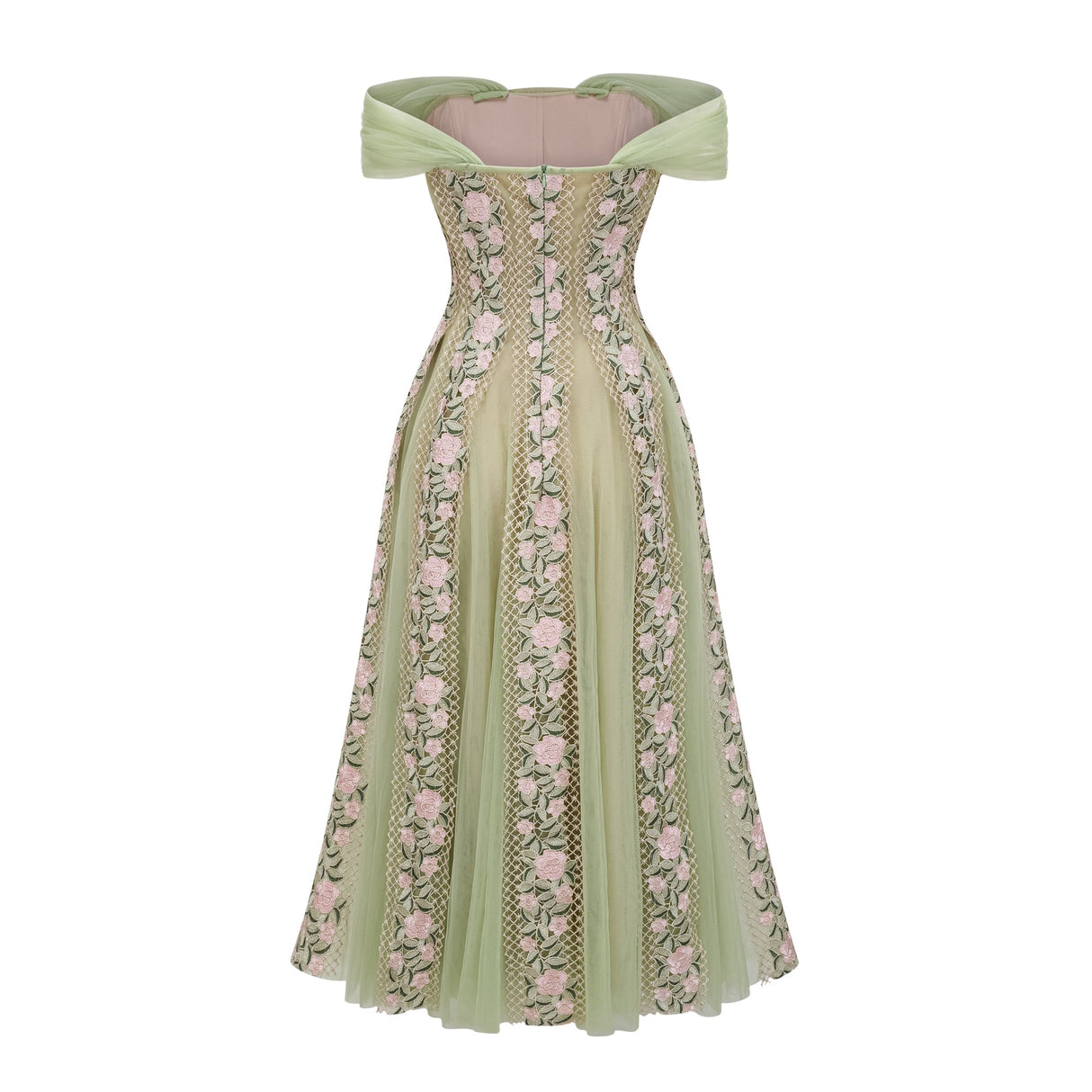 Aurohaya Eleni Green Tulle Panel Floral Midi Dress
