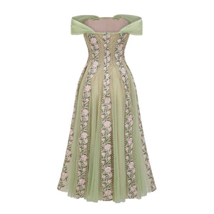 Aurohaya Eleni Green Tulle Panel Floral Midi Dress