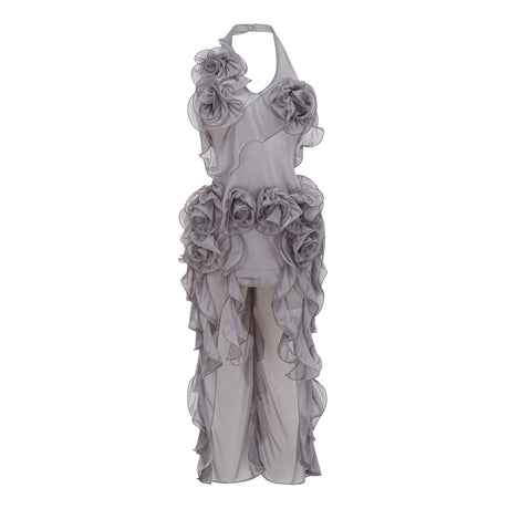 Aurohaya Hannabella Grey Asymmetrical Ruffled Floral Mini Dress