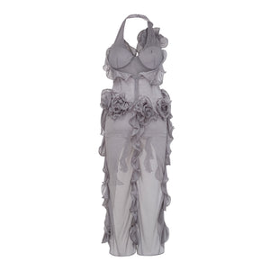 Aurohaya Hannabella Grey Asymmetrical Ruffled Floral Mini Dress
