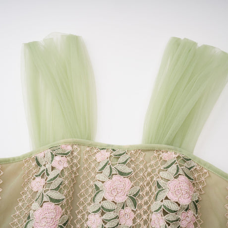 Aurohaya Eleni Green Tulle Panel Floral Midi Dress