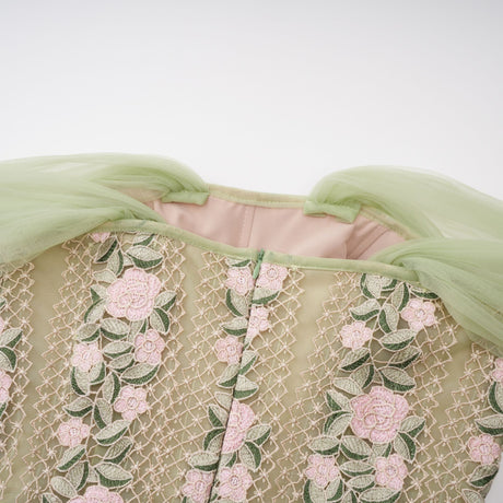 Aurohaya Eleni Green Tulle Panel Floral Midi Dress