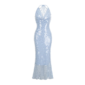 Aurohaya Babette blue halterneck sequined midi dress