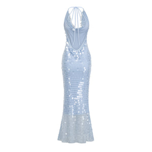Aurohaya Babette blue halterneck sequined midi dress