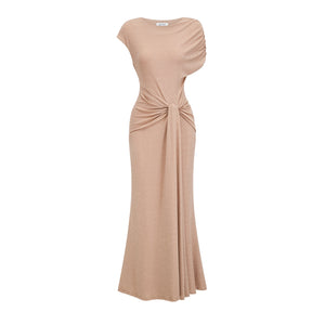 Aurohaya Rosalie gold asymmetrical pleated maxi dress