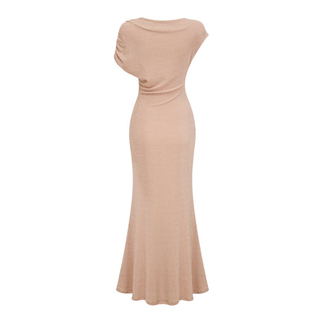 Aurohaya Rosalie gold asymmetrical pleated maxi dress