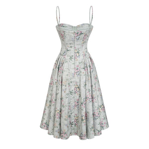 Aurohaya Prunelle sage-green floral-print shirred midi dress