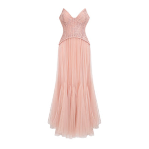 Aurohaya Ulrique Pink Lace Corset Tulle Maxi Dress