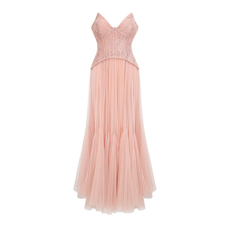 Aurohaya Ulrique Pink Lace Corset Tulle Maxi Dress