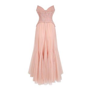 Aurohaya Ulrique Pink Lace Corset Tulle Maxi Dress