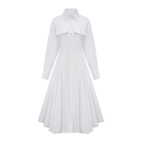 Aurohaya Dulcie white front-slit shirred shirt dress