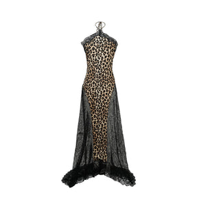 Aurohaya Alizée Brown Lace Panel Leopard Print Maxi Dress