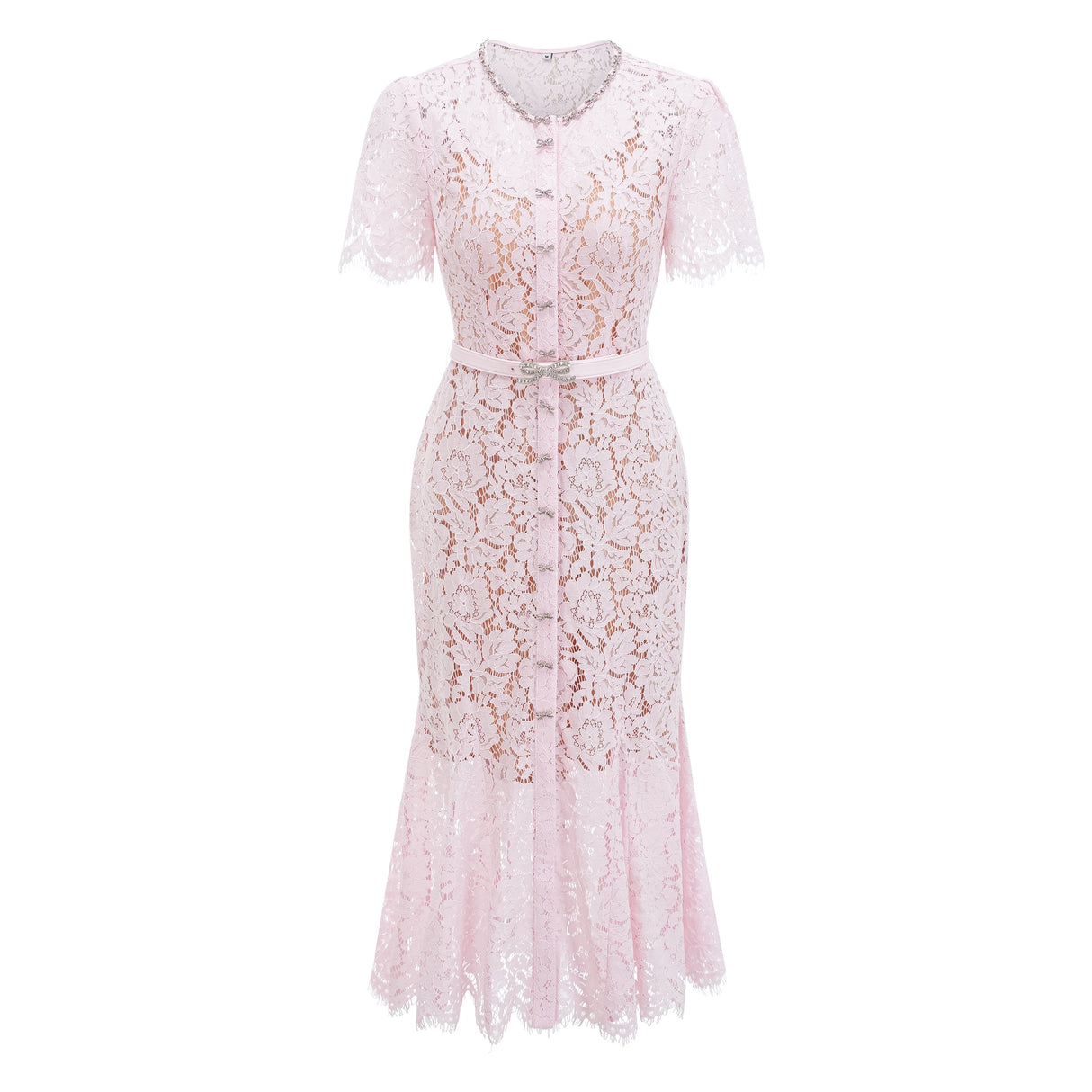 Aurohaya Sabine Pink Floral Lace Mermaid Midi Dress