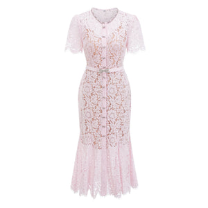 Aurohaya Sabine Pink Floral Lace Mermaid Midi Dress