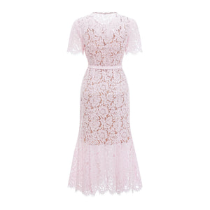 Aurohaya Sabine Pink Floral Lace Mermaid Midi Dress