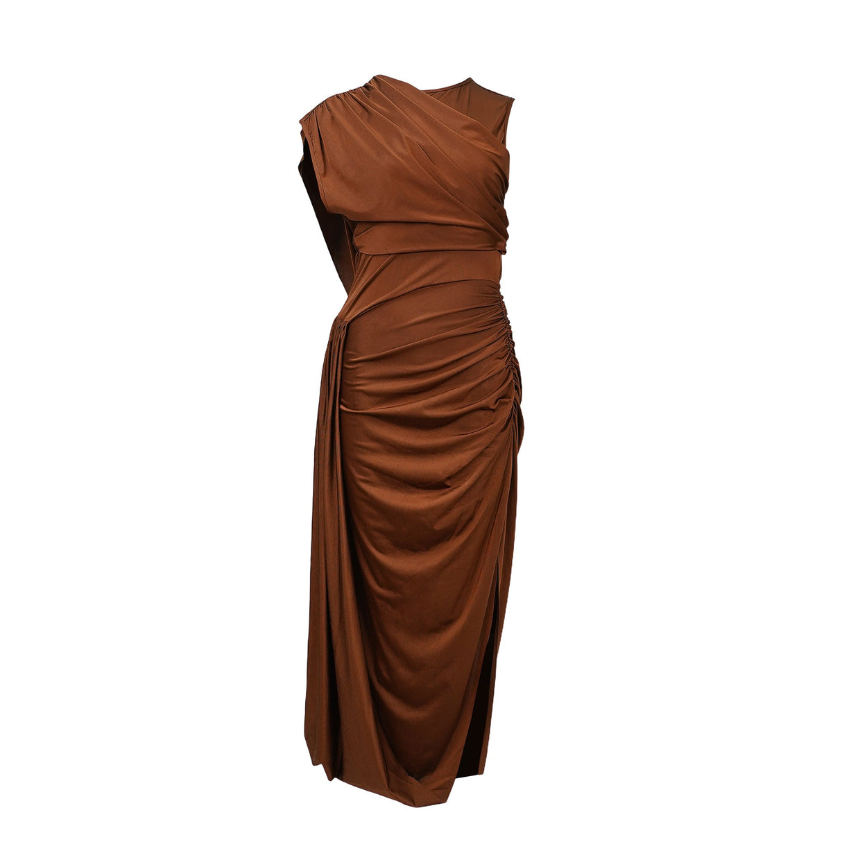 Aurohaya Reine Brown Asymmetrical Ruched Maxi Dress