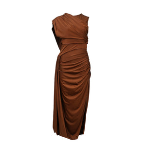 Aurohaya Reine Brown Asymmetrical Ruched Maxi Dress