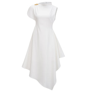 Aurohaya Liana White Asymmetrical Flared Midi Dress